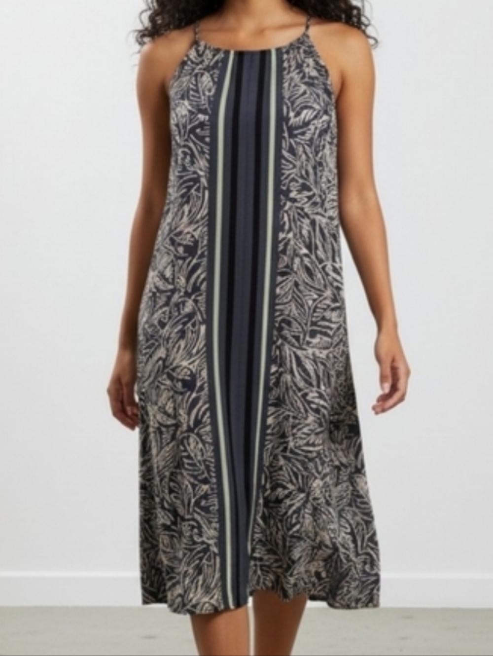 LOFT Tweed Ruffle Navy and Cream Leaf Print Midi Dress M